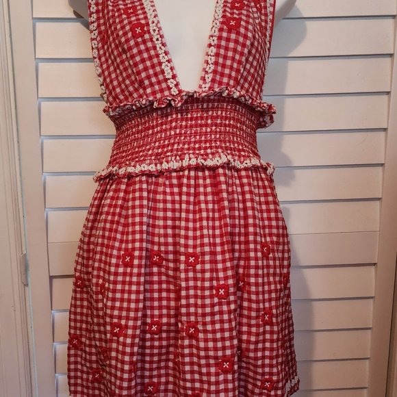 NWT X by NBD Florence Red & White Gingham Beaded Embroidered Mini Dress NWT - Picture 3 of 11